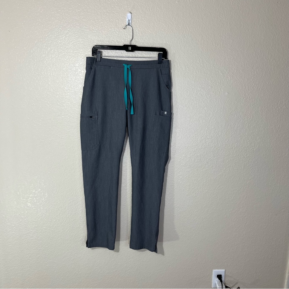 Figs Gray Scrub Pants with Teal Drawstring